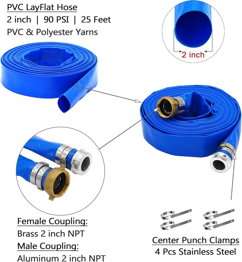 DAVCO 2" ID × 25 ft Pool Backwash Hose, Heavy Duty Reinforced Blue PVC Lay Flat Water Discharge Pump Hoses For Swimming Drain Pools and Clean Filters, With Aluminum Pin Lug Fittings - Image 3